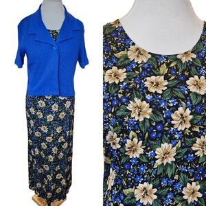 Vintage 90s Womens 8 Floral Maxi Dress Sundress Set Blue Collared Cardigan
